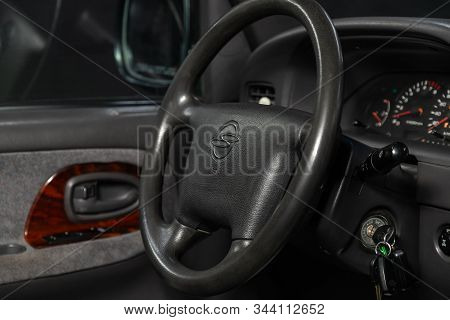 Novosibirsk, Russia - November 01, 2019:  Ssangyong Korando , Black Luxury Car Interior - Dashboard,