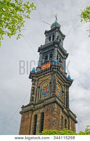 Amsterdam, Netherlands - June 12, 2016: The Tower Of The Westerkerk Called The Westertoren Is The Hi