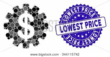 Mosaic Development Cost Icon And Distressed Stamp Seal With Lowest Price Phrase. Mosaic Vector Is Cr