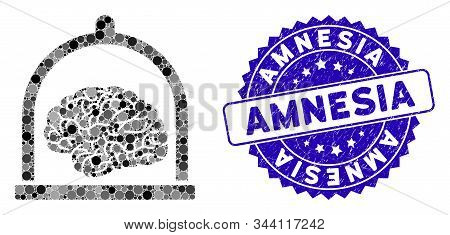 Mosaic Brain Conservation Icon And Grunge Stamp Watermark With Amnesia Caption. Mosaic Vector Is For