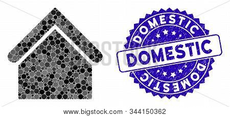 Mosaic Base Building Icon And Rubber Stamp Seal With Domestic Caption. Mosaic Vector Is Created With