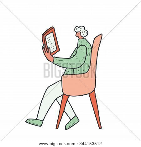 Mature Person Sitting In The Chair At Her Tablet. Senior Woman Reading An Electronic Book. Vector Il