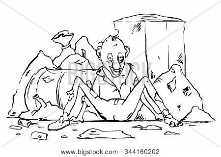 Drunk Homeless Man Sitting In The Trash. Cartoon Character. Vector Illustration