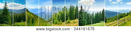 Panoramic collage of several landscape photos mountain massif for glass panel.