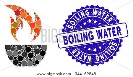 Mosaic Fire Bowl Icon And Grunge Stamp Watermark With Boiling Water Caption. Mosaic Vector Is Create