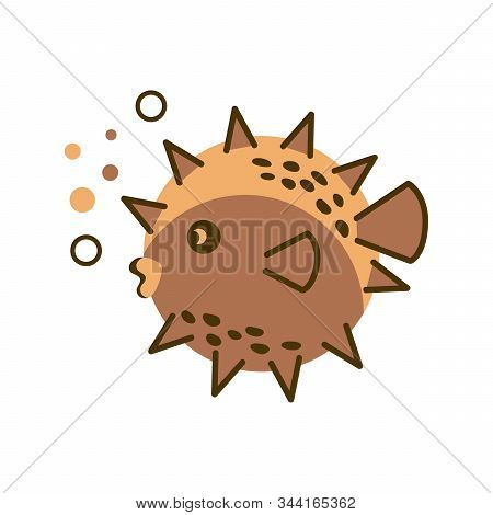 Puffer Fish, Hedgehog Fish, Marine Life. Cute Character Is Drawn In Cartoon Style, Isolated On A Whi