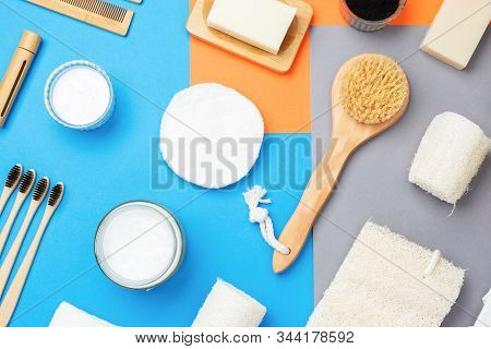 Creative Layour Of Zero Waste Eco Friendly Personal Care Products Wooden Brushes, Bamboo Toothbrushe
