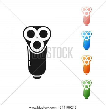 Black Electric Razor Blade For Men Icon Isolated On White Background. Electric Shaver. Set Icons Col