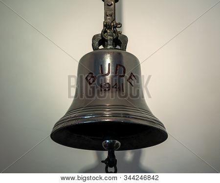 Bude, Uk - 1 October 2019: Ships Bell From The Hms Bude Minesweeper Named After The Cornish Seaside 