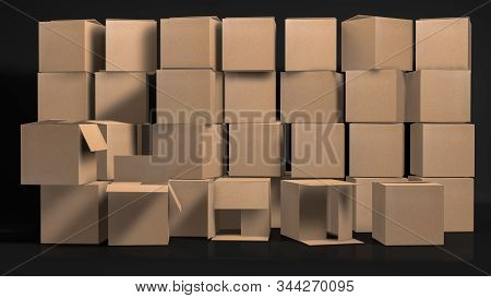3d Rendering,realistic Cardboard Box Wall Mock-up On The Darkness For Background.