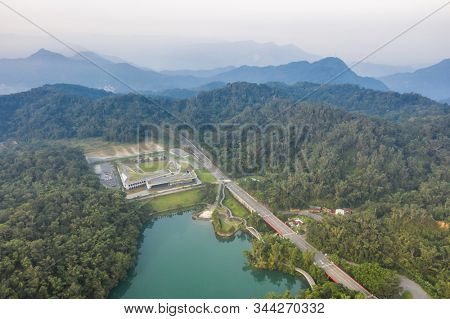 aerial landscape with famous Xiangshan Visitor Center at Sun Moon Lake, Nantou, Taiwan