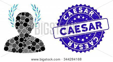 Mosaic Caesar Icon And Distressed Stamp Watermark With Caesar Phrase. Mosaic Vector Is Composed From