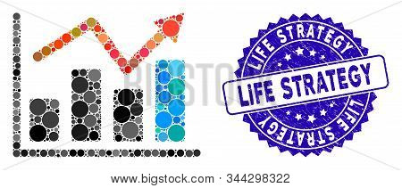 Mosaic Graphs Icon And Corroded Stamp Seal With Life Strategy Text. Mosaic Vector Is Created With Gr