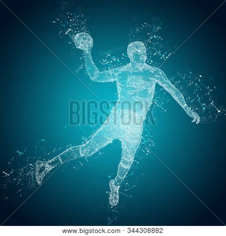 Abstract Handball Player In Action. Handball Player Throws A Ball. Crystal Ice Effect