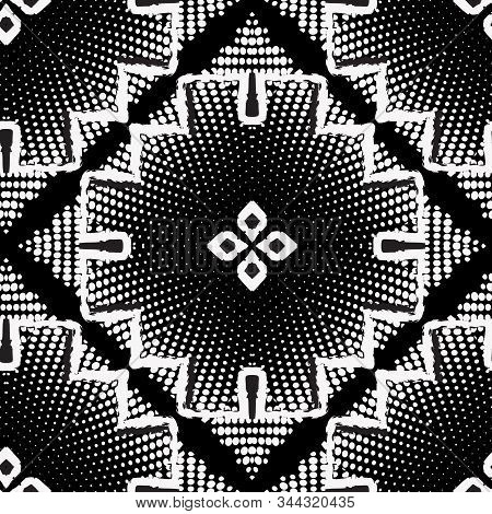 Tribal Halftone Geometric 3d Vector Seamless Pattern. Dotted Abstract Textured Background. Repeat Ba