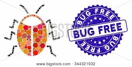 Mosaic Bug Icon And Grunge Stamp Seal With Bug Free Phrase. Mosaic Vector Is Created With Bug Icon A