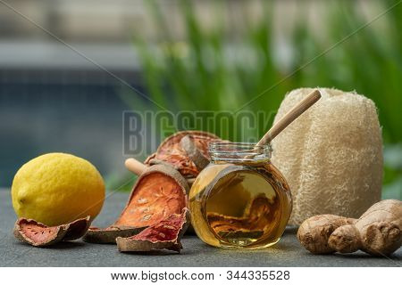 Natural Medicine For Spa Therapy.alternative Medical Lifestyle Such As Honey Lemon Ginger Scrubber A