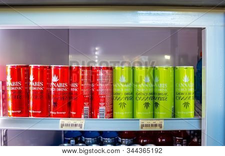 Willemstad, Curacao, Netherlands - December 5, 2019: Cannabis Energy Drink On Store Shelf At Willems