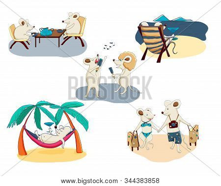 Vector Set Of Funny Rats. Cartoon Animal Characters. Mice Travel, Sunbathe On The Beach, Sing Karaok