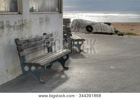 Bench On The Beach At Sunset In Arcozelo Village, Porto, Portugal