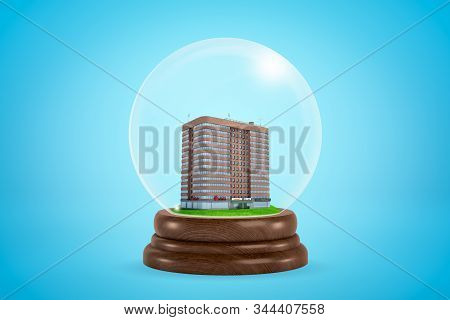 3d Rendering Of Miniature Brown Multi-storey Building Inside Snowglobe On Light Blue Background.