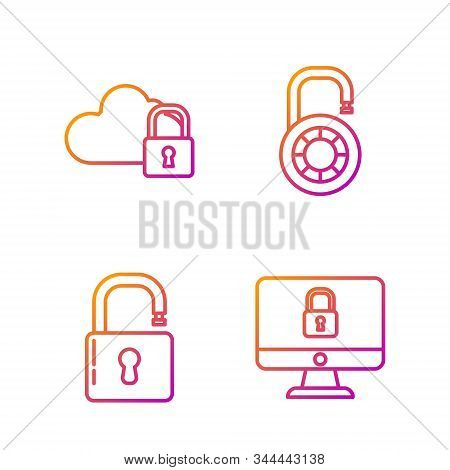 Set Line Lock On Computer Monitor Screen, Open Padlock , Cloud Computing Lock And Safe Combination L