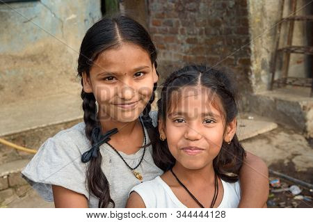 Mumbai, India - February 26, 2019: Indian Young Girls In Dharavi Slum At Mumbai