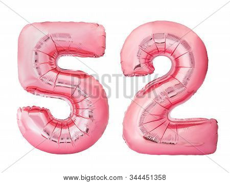 Number 52 Fifty Two Made Of Rose Gold Inflatable Balloons Isolated On White Background