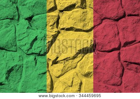 Mali Flag Depicted In Paint Colors On Old Stone Wall Closeup. Textured Banner On Rock Wall Backgroun
