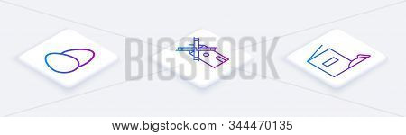 Set Isometric Line Chicken Egg , Windmill And Flour Pack . White Square Button. Vector