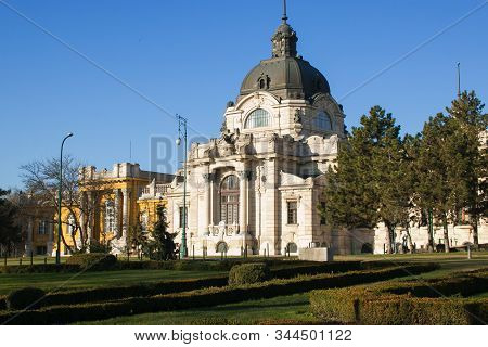 Budapest, Hungary - January 1, 2020: Winter View Of Szechenyi Thermal Bath - Biggest Bath Complex In
