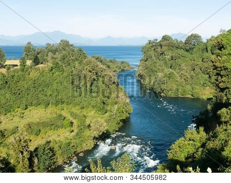 Birth Of The Rio Bueno, Leaving Lake Ranco, The Third Largest Lake In Chile. In The Background, The 