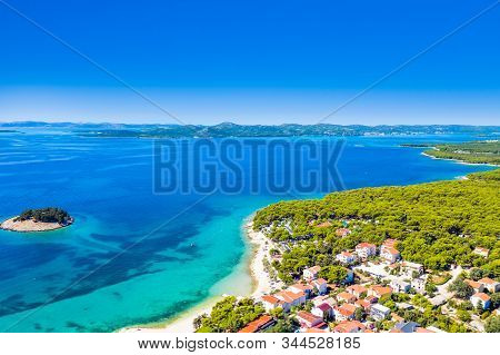 Beautiful Adriatic Seascape In Croatia, Islands And Shoreline Near Town Of Pakostane