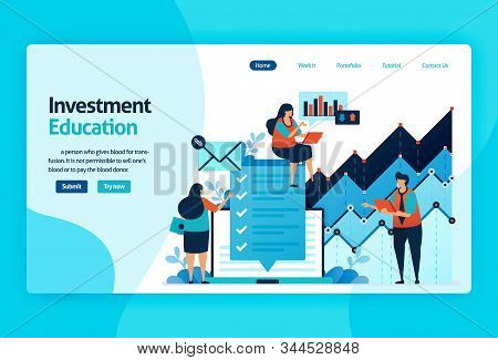 Landing Page Vector Design For Investment Education. Stock Market With Strategy, Analysis, Planning.
