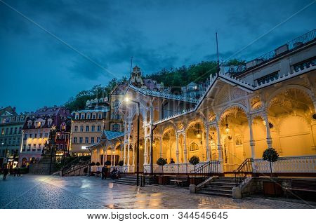 The Market Colonnade Trzni Kolonada Wooden Colonnade With Lights And Hot Springs In Town Karlovy Var