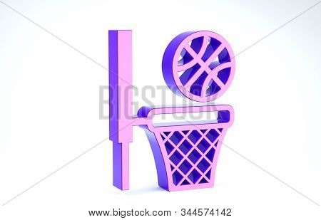 Purple Basketball Ball And Basket Icon Isolated On White Background. Ball In Basketball Hoop. 3d Ill