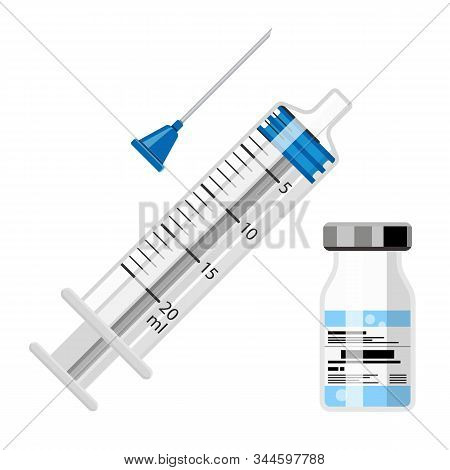 Icon Plastic Medical Syringe. Parts With Needle, Plunger, Scale, Vial In Flat Style. Concept Of Vacc