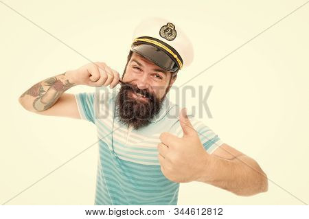 Captain Of Cruise Liner. Brutal Seaman Isolated On White. Captain Concept. Welcome Aboard. Bearded M