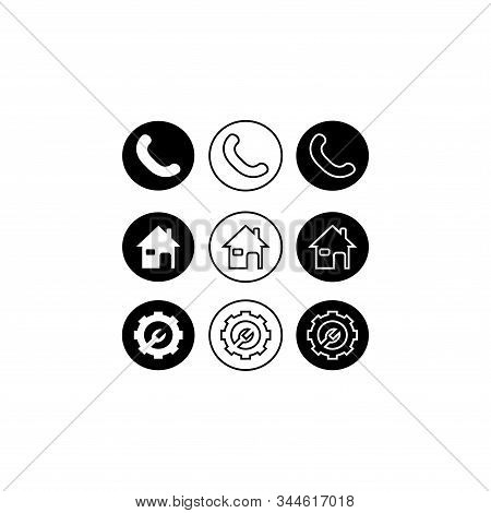 Minimalist Black And White Phone Icon Set. Call, Home And Setting Using Basic Circle Flat Design. Ph