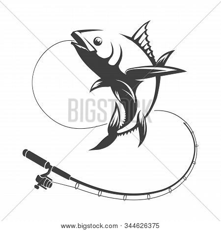 Tuna Fish And Fishing Rod. Salmon Fishig On Lures Vector Illustration, Big Catch Or Fisher Catfish T