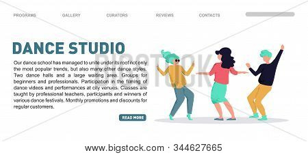 Dance Studio Landing Page. Vector Dancing People Illustration. Dancing Studio Rehearsal. Young Men A