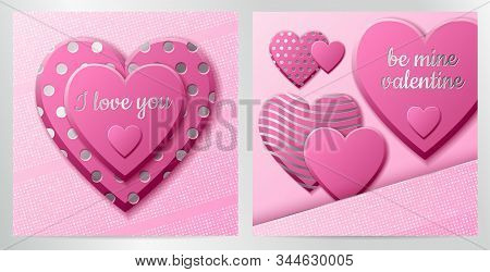 Valentines Day Background With Pink Hearts And Silver Pattern. Silver Luxury Cover On Roseate Backgr