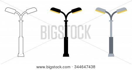 Outline, Black Silhouette, Cartoon Streen Lights Set Isolated On White Background. Vintage Street Li