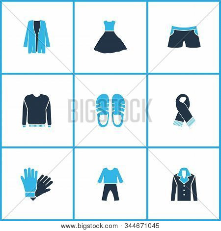Clothes Icons Colored Set With Cardigan, Scarf, Fashion Dress And Other Overcoat Elements. Isolated 