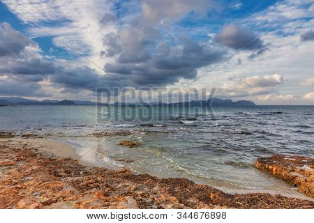 Seacoast near Can Picafort beach in sunset, Mallorca, Balearic islands, Spain