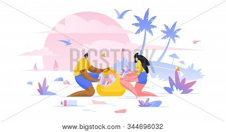 Volunteers Cleaning Beach Flat Vector Illustration Man And Woman, Social Workers Cartoon Characters