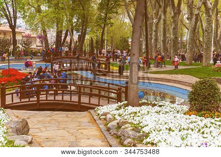 Istanbul , Turkey - April 10 2019: Colorful Flower Beds During The Annual April Tulip Festival In Is