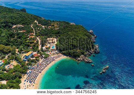 Aerial Drone Bird's Eye View Of Sarakiniko Beach With Turquoise Sea In Parga Area, Ionian Sea, Epiru