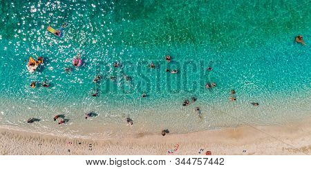 Aerial View Of Sarakiniko Beach With Turquoise Sea In Parga Area, Ionian Sea, Epirus, Greece