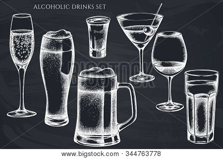 Vector Set Of Hand Drawn Chalk Glass, Mug Of Beer, Alcohol Shot, Glass Of Champagne, Glass Of Wine, 